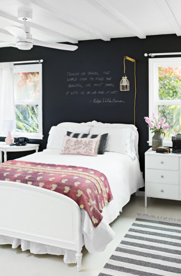 Ruang pojokan untuk kreativitas dengan papan tulis dan tempat penyimpanan barang